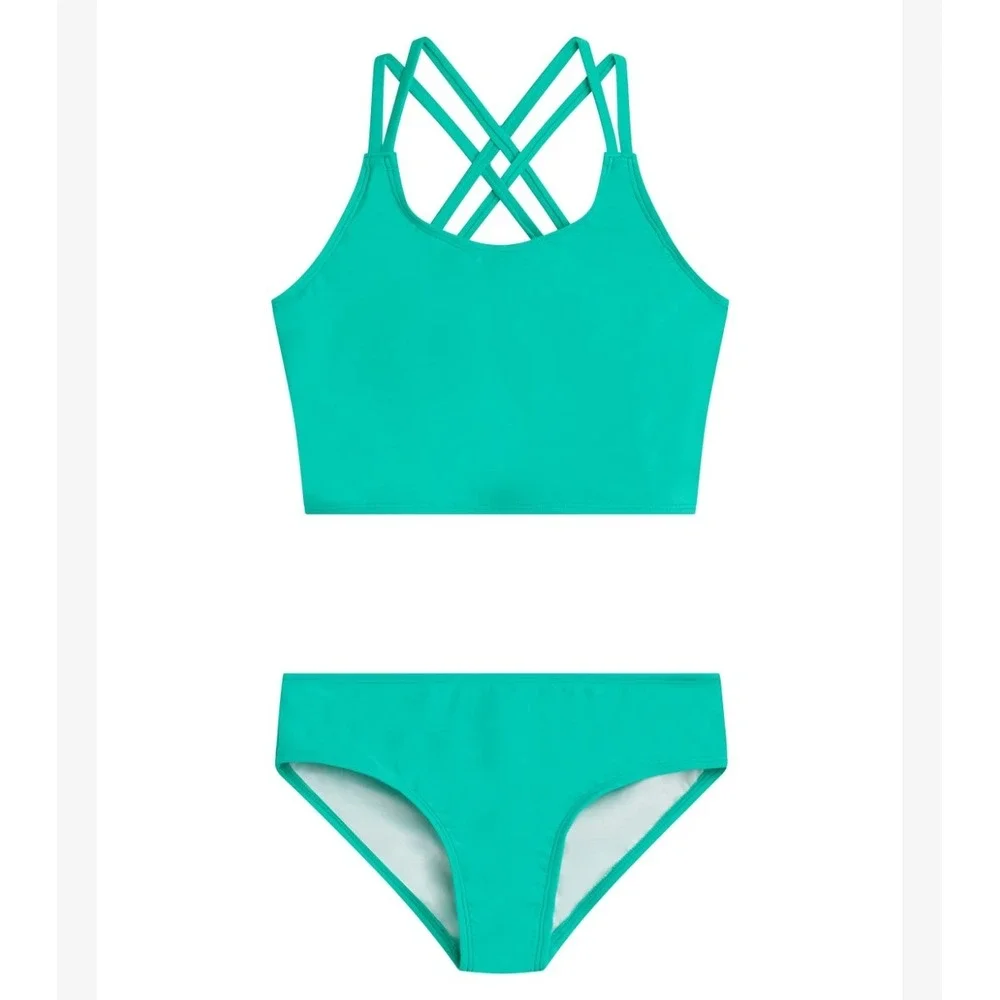 Girls Turquoise Strappy Back Two Piece Swimsuit Bikini Set Teal Size 12